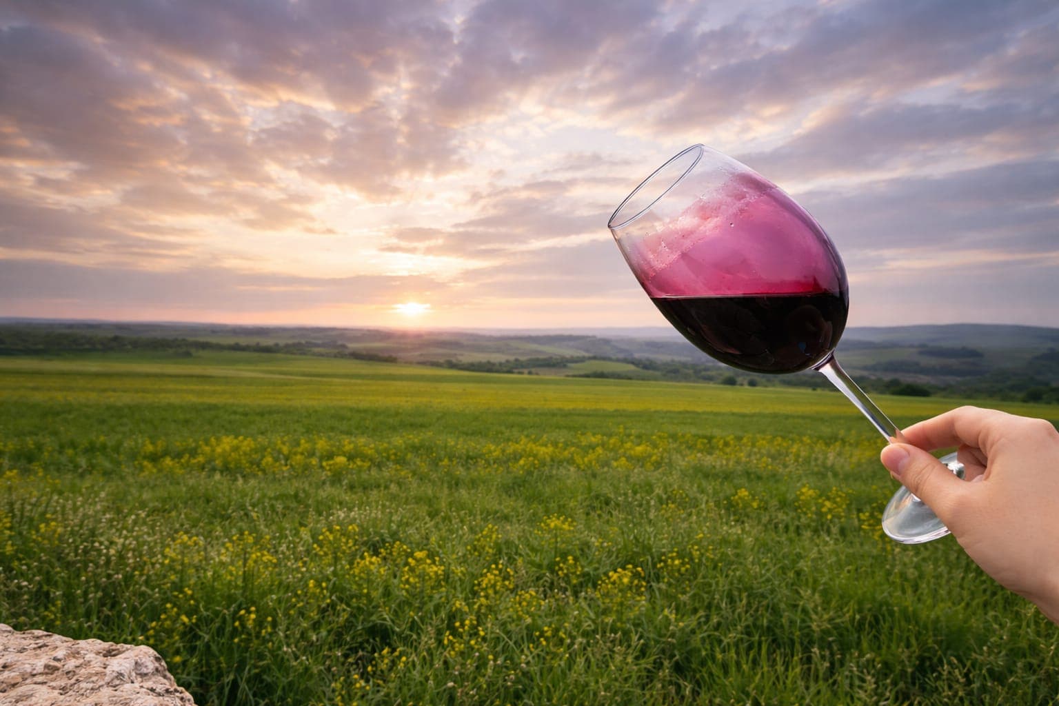 Hand holding a glass of red wine against a sunset over rolling green fields